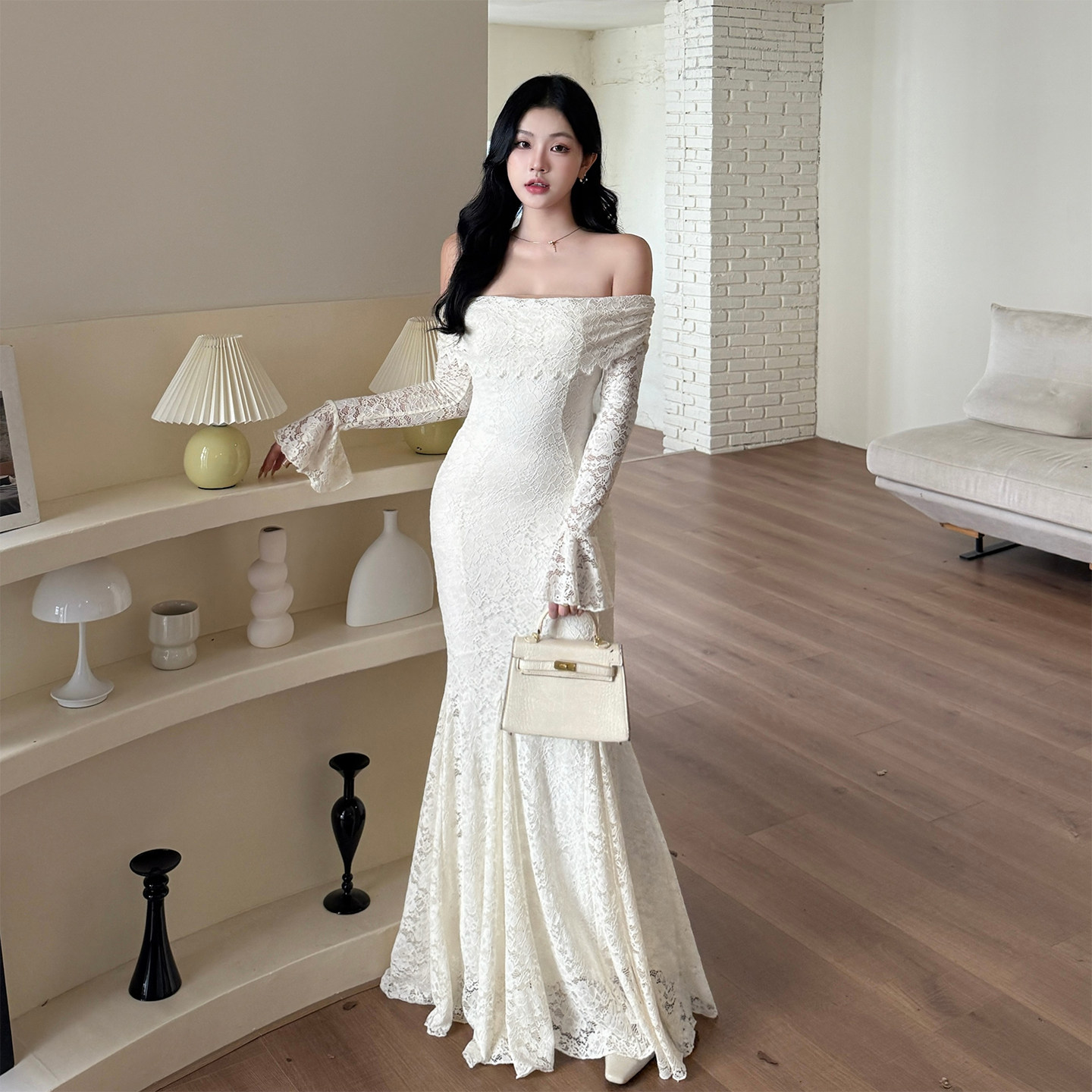 instunning法式气质蕾丝一字肩长袖连衣裙女秋季新款收腰显瘦长裙