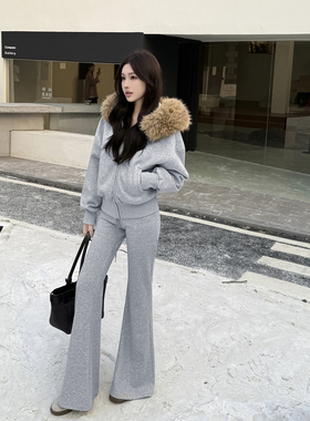 instunning 法式毛领连帽卫衣女休闲裤两件套秋冬简约灰色套装女