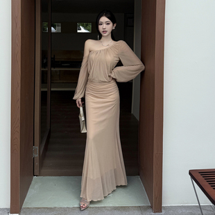 instunning法式气质名媛风斜肩网纱连衣裙女早春新款设计感长裙子