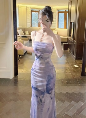 INSTUNNING 紫色油画印花吊带连衣裙女夏季度假风收腰修身网纱裙