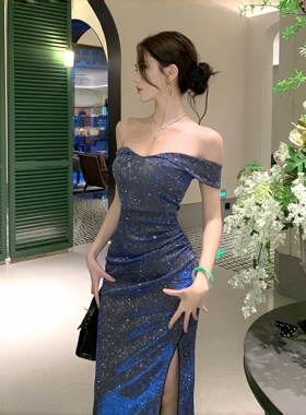 INSTUNNING高级感蓝色闪闪一字肩礼服裙女生日晚宴会性感开叉长裙