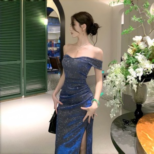 INSTUNNING高级感蓝色闪闪一字肩礼服裙女生日晚宴会性感开叉长裙