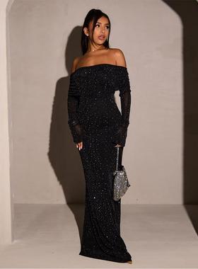 instunning欧美风性感黑色亮片一字肩连衣裙女高端宴会晚礼服裙子