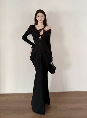 instunning法式黑色性感v领长袖连衣裙女秋季御姐高级感宴会礼服