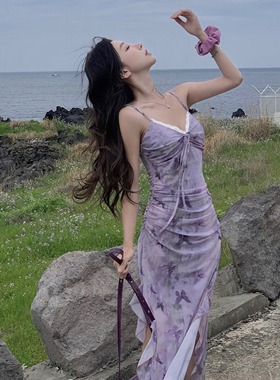 新中式国风裙子紫色晕染吊带连衣裙女夏季高级感荷叶边开叉中长裙
