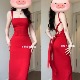 instunning纯欲露背方领红色吊带连衣裙女夏季 性感气质礼服裙 新款