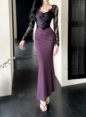 instunning性感蕾丝拼接连衣裙女御姐高级感套装紫色鱼尾礼服长裙