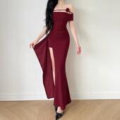 绝美御姐性感一字肩开叉红色晚礼服裙女夏季 高级感气质宴会长裙子