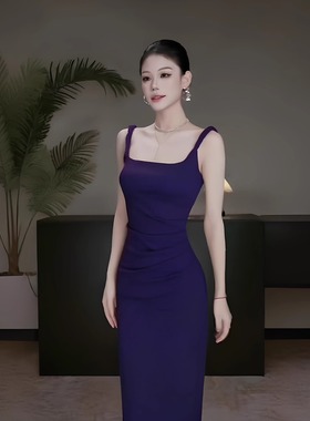 instunning高级感复古紫色吊带连衣裙女夏季新款扭结设计包臀裙子