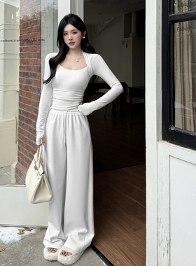 纯欲风白色套装女2025新款方领长袖上衣垂感阔腿裤显瘦休闲两件套