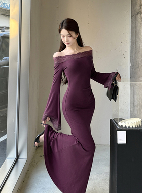 instunning复古蕾丝拼接紫色V领长袖连衣裙女2025早秋新款包臀裙