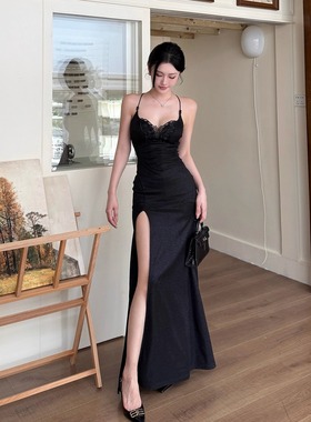 御姐风气质黑色吊带连衣裙女夏季新款高级感生日开叉礼服露背长裙