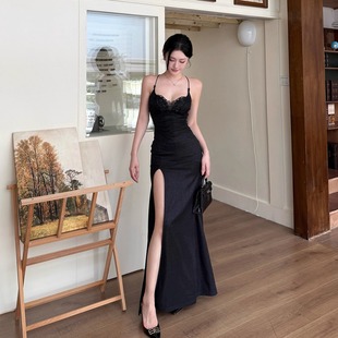 御姐风气质黑色吊带连衣裙女夏季新款高级感生日开叉礼服露背长裙