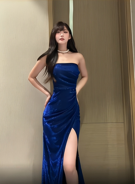 instunning 蓝色闪闪抹胸连衣裙女秋冬生日宴会礼服性感开叉长裙