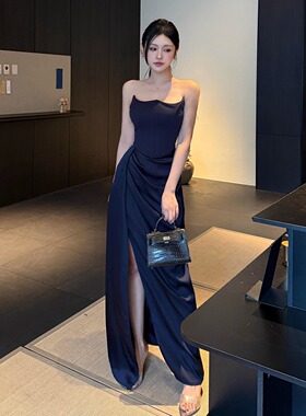 instunning高级感深蓝色抹胸开叉连衣裙女春夏新款性感一字领长裙