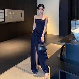 instunning高级感深蓝色抹胸开叉连衣裙女春夏新款性感一字领长裙