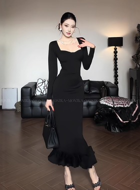 instunning法式气质黑色方领长袖包臀裙女高级感端庄收腰礼服裙子