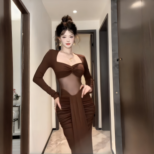 INSTUNNING跨年年会穿搭网纱拼接长袖连衣裙女秋冬别致显瘦长裙子