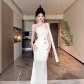 修身 新款 鱼尾礼服长裙子 白色露肩抹胸连衣裙女夏季 instunning法式