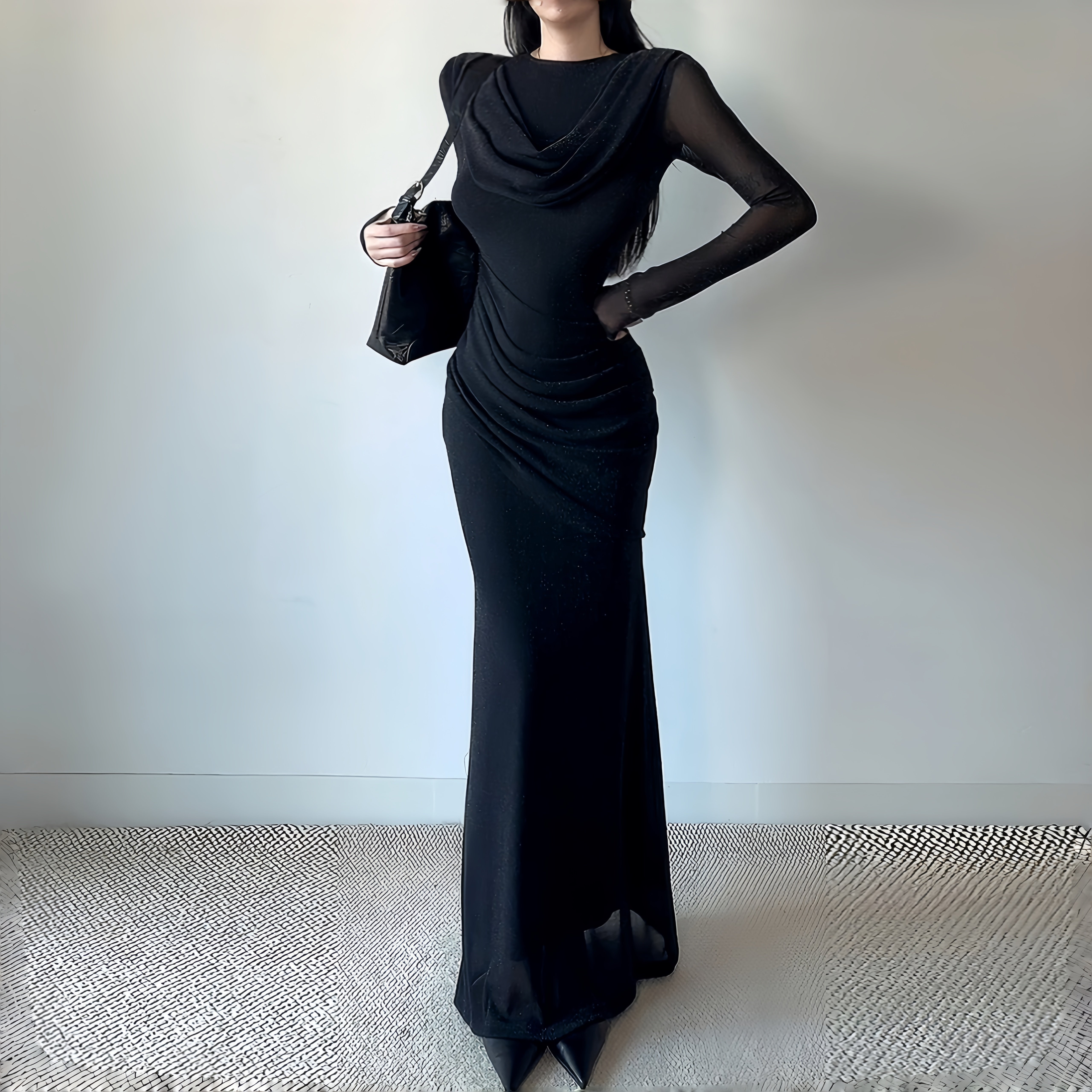 法式荡领网纱长袖轻礼服连衣裙