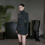 INSTUNNING 法式 气质排扣灰色包臀裙秋冬复古加厚高领收腰连衣裙