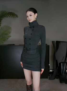 INSTUNNING 法式气质排扣灰色包臀裙秋冬复古加厚高领收腰连衣裙