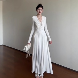 纯欲风气质V领蕾丝拼接白色长袖 通勤包臀裙 连衣裙女2025早秋新款