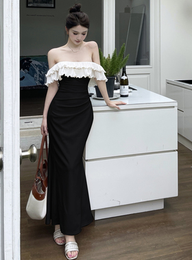 instunning黑色高级感一字肩连衣裙女名媛宴会收腰气质鱼尾长裙子