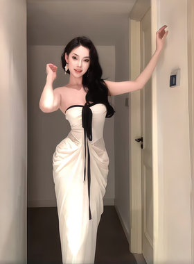 【法式漫旅】法式性感挂脖抹胸礼服裙女秋冬白色长裙子宴会晚礼服