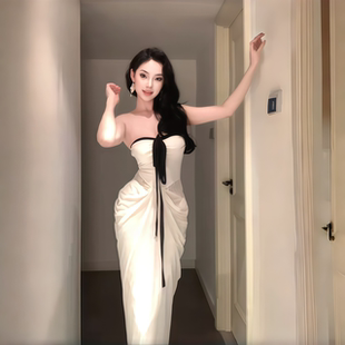 【法式漫旅】法式性感挂脖抹胸礼服裙女秋冬白色长裙子宴会晚礼服