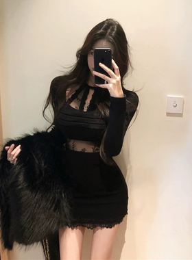 instunning圣诞穿搭蕾丝拼接连衣裙女秋冬黑色收腰性感包臀短裙子
