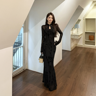 instunning新中式国风改良旗袍长袖连衣裙女性感开叉包臀长裙礼服