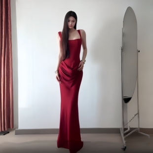 纯欲性感红色束腰吊带连衣裙女收腰鱼尾裙气质长裙高级缎面礼服裙