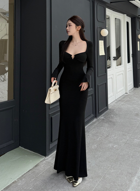 instunning御姐性感黑色V领镂空连衣裙女秋季新款名媛气质包臀裙