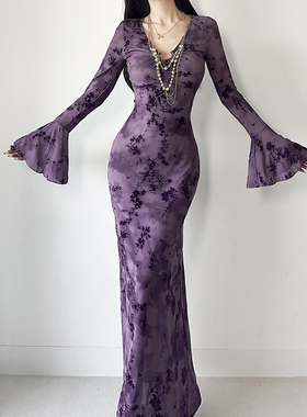 instunning 秋季新款法式紫色长袖气质v领植绒连衣裙女性感长裙子
