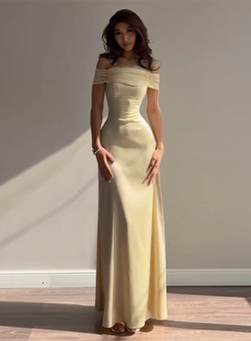 instunning法式气质一字领连衣裙女高级party小礼裙缎面鱼尾长裙