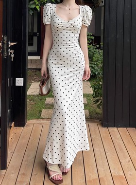 instunning法式复古超好看白色波点裙女2025夏季气质方领连衣裙子