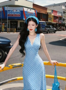海岛度假风蓝色波点V领连衣裙女早春绝美无袖收腰长裙氛围感裙子