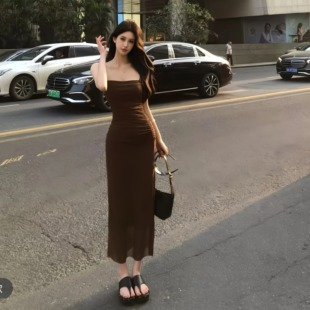 褶皱修身 新款 显瘦性感包臀长裙 辣妹网纱吊带连衣裙女2026夏季 美式