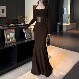instunning棕色收腰鱼尾连衣裙女秋季 气质包臀裙 气质性感长裙修身