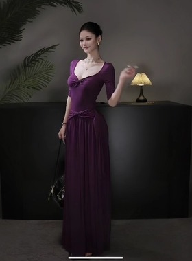 instunning法式紫色气质连衣裙女2025新款高级感绝美腰部绑带长裙