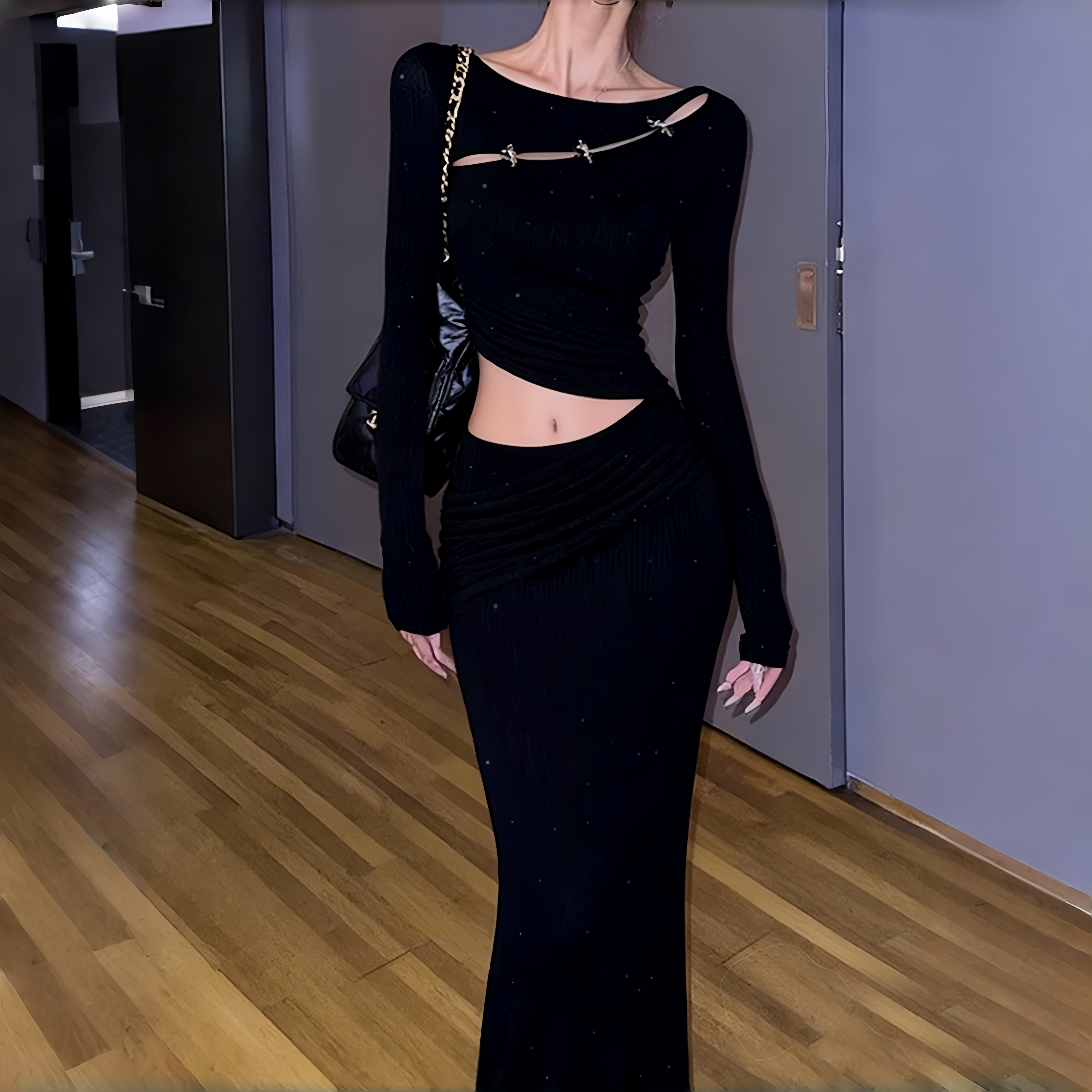 秋冬黑色斜肩镂空假两件连衣裙