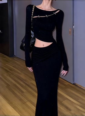 INSTUNNING秋冬高级感黑色斜肩镂空连衣裙女设计感假两件包臀裙子