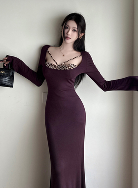 御姐风拼接紫色长袖连衣裙女秋冬设计感修身包臀裙性感气质长裙子