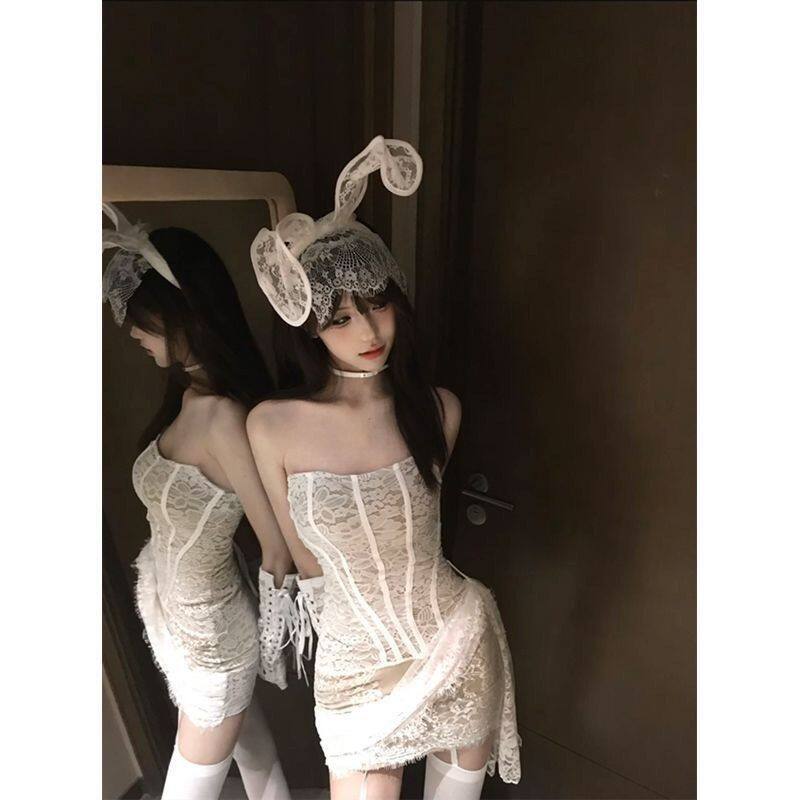 苏星家大码蕾丝辣妹拼接绑带抹胸连衣裙鱼骨修身露背短裙午夜套装