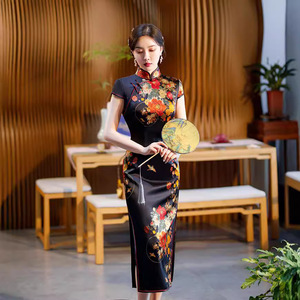 旗袍｜妈妈旗袍真丝档黑色印花复古修身长款改良版连衣裙2023新款