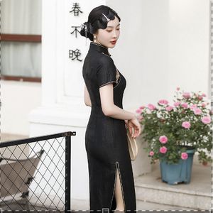 旗袍｜夏季新款桑蚕丝国风改良旗袍黑色长款真丝连衣裙重工刺绣