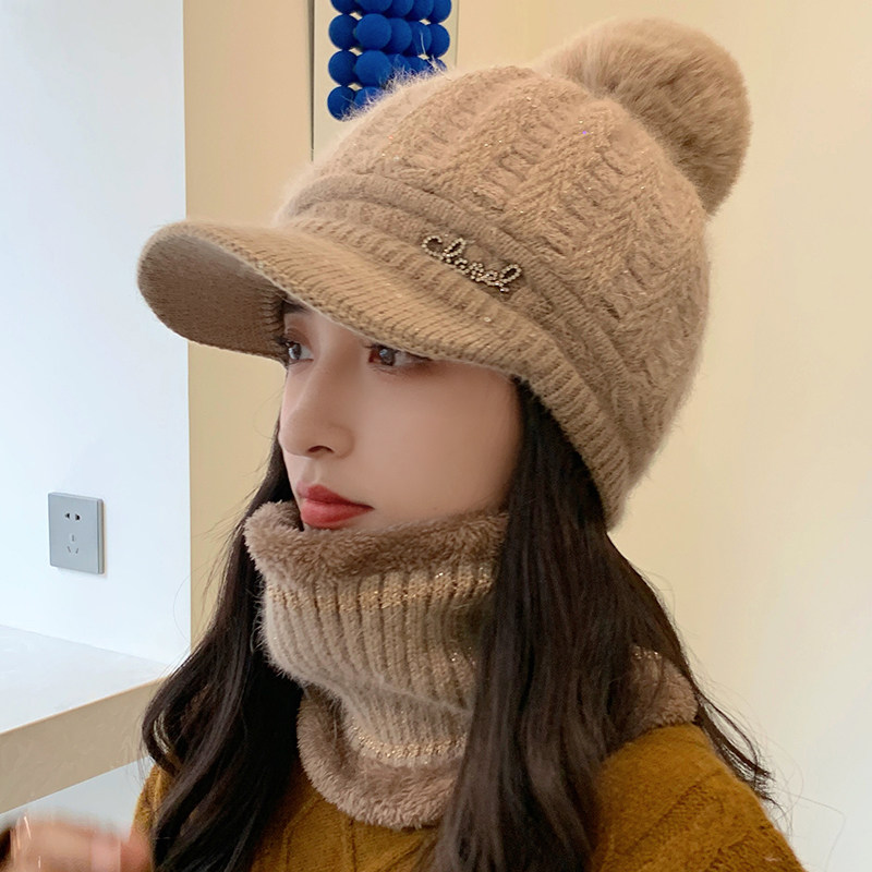 秋冬天加绒保暖防寒护耳女士兔毛帽子休闲百搭针织毛线鸭舌帽骑车