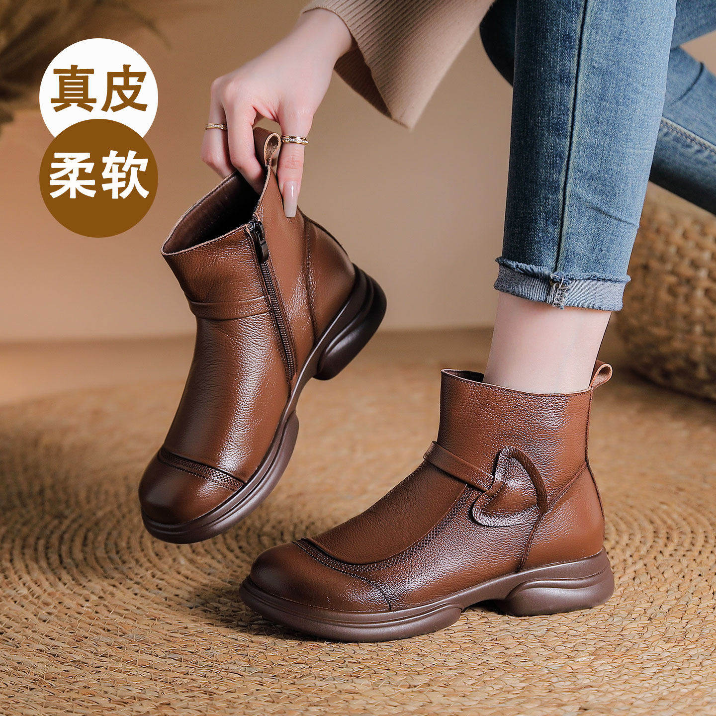 头层牛皮复古短靴女2025新款秋冬单靴加绒皮鞋舒适真皮软底妈妈鞋,女鞋,时装靴,淘宝优惠券,粉丝福利购,淘宝优惠卷