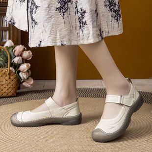 真皮妈妈鞋中老年舒适不累脚牛筋底防滑软底舒适轻便夏季浅口女鞋